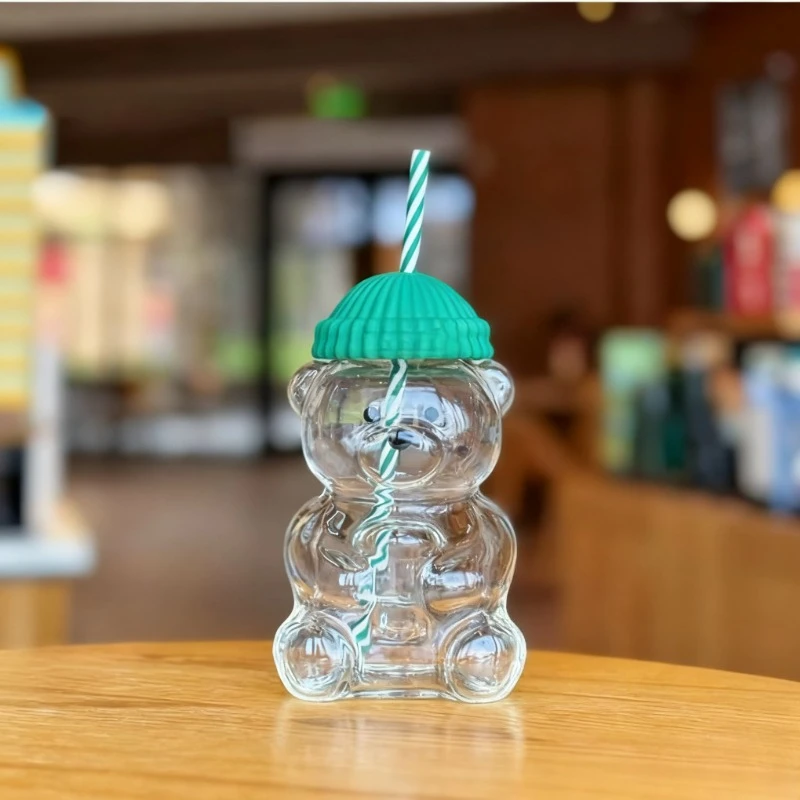 

new Festive Gift Boxed Bear Glass Cup 500ML with Straw, BPA-Free Glass, Adorable Present for Christmas and New Year