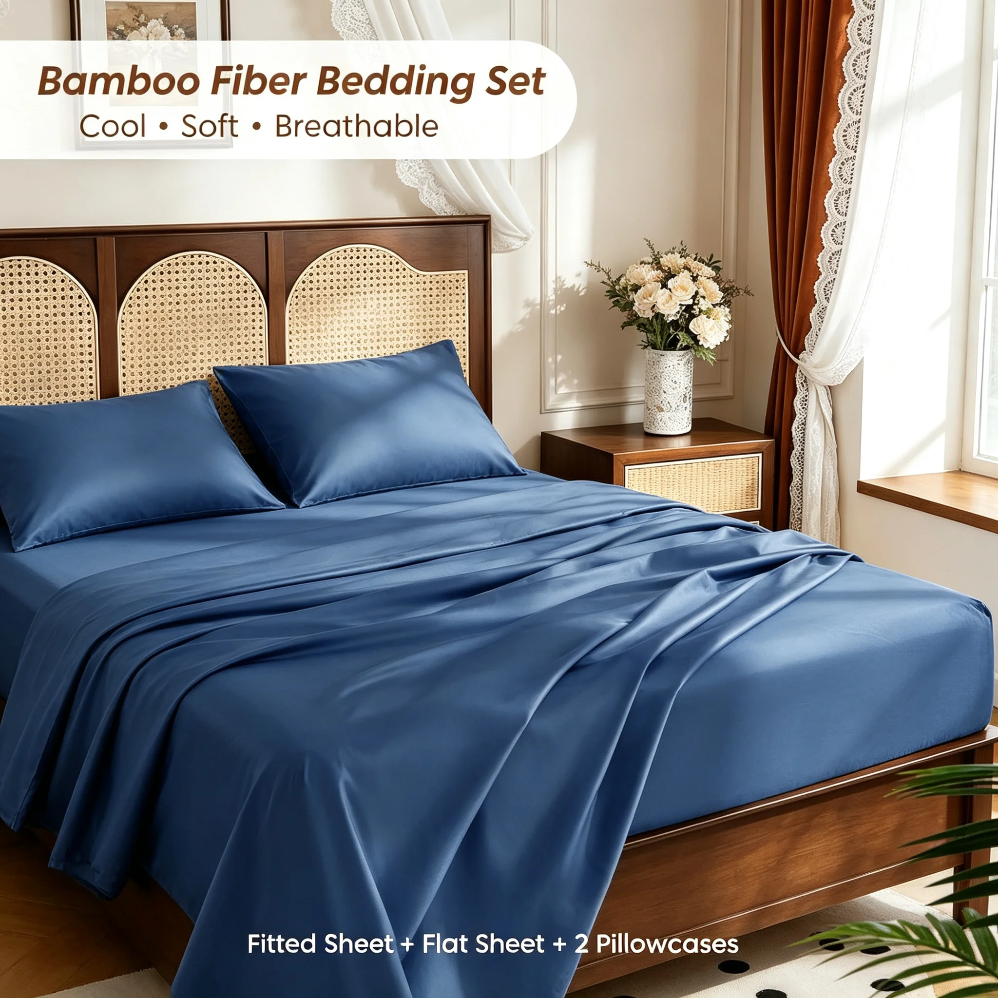 High End 80% Bamboo Fiber 20% Polyester Bed Sheet Set Luxury Smooth Fitted Bed Sheet Flat Top Sheets Pillowcase Silky Cooling Bedding Set 3/4Pcs