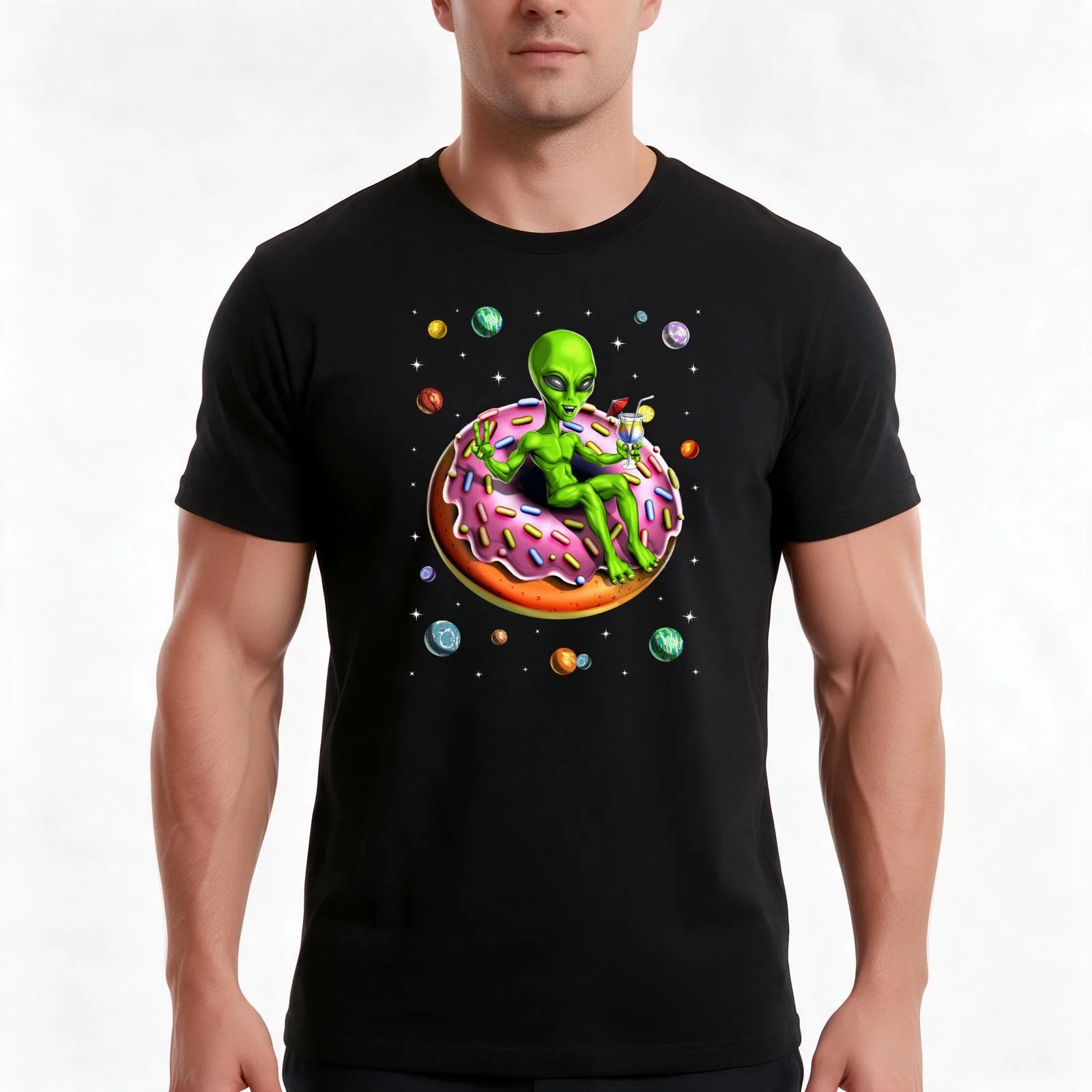 Space Alien Riding Donut T-Shirt Summer Casual Cotton Tee, Unisex Men Women
