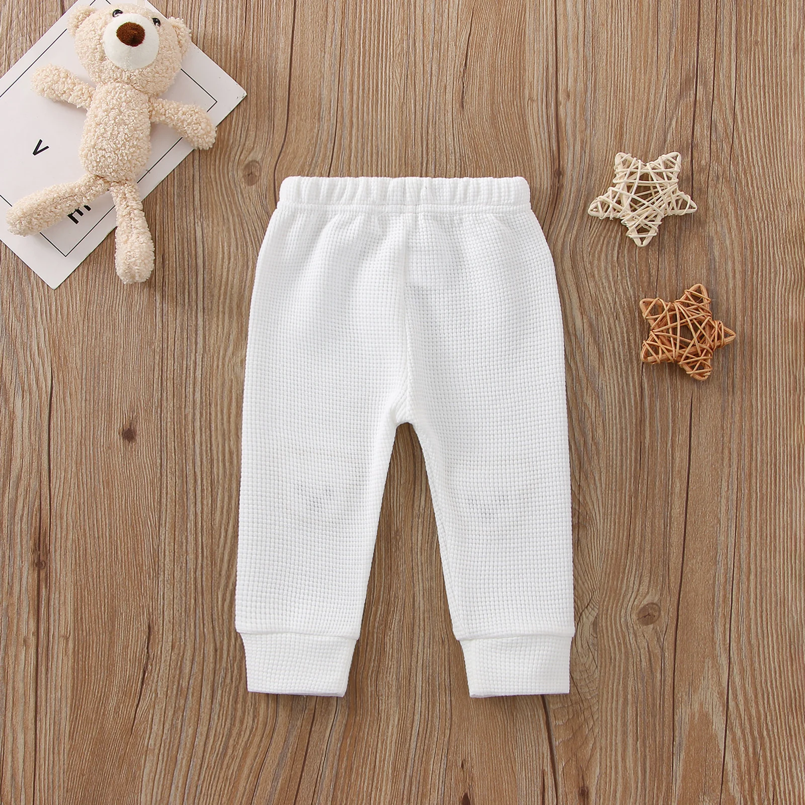 2022-08-04 Lioraitiin 0-3Years Baby Girls Boys Pants, Cartoon Bear Applique Elastic Waist Trousers, Waffle-Knit Pants