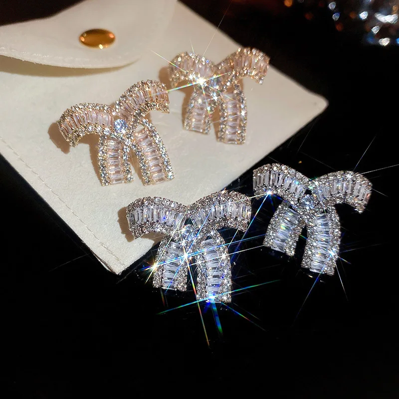 Super flash light luxury zircon bow silver needle earrings fashionable, niche temperament high-end earrings women