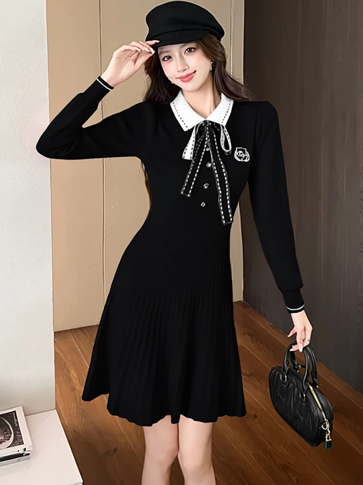 Vrouwen rode gebreide mini-jurk met lange mouwen en strik met polokraag 2025, Koreaanse vintage luxe vestidos herfst winter elegante bodycon-jurk