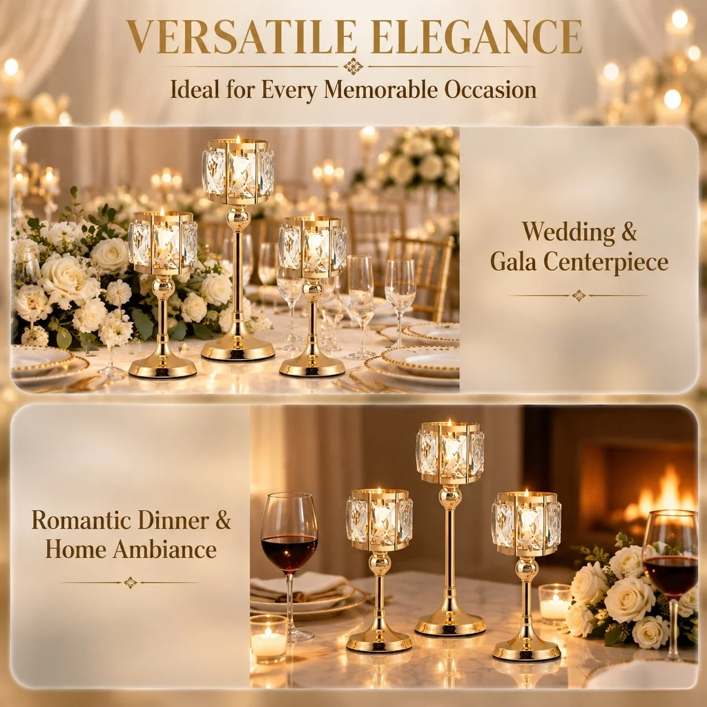 Shiny K9 Crystal Pillar Candlestick Holders 3Pcs, Gold Silver Optional, Multi Height Table Centerpiece for Party Anniversary