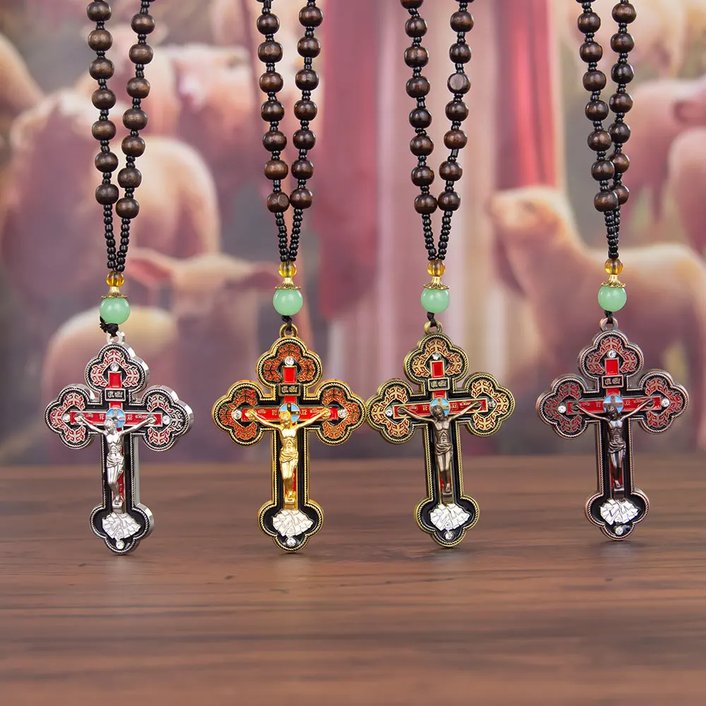 Collier croix de perles de chapelet en bois, pendentif croix catholique, collier croix catholique, Crucifix religieux de jésus, 3,1 pouces x 2,2 pouces