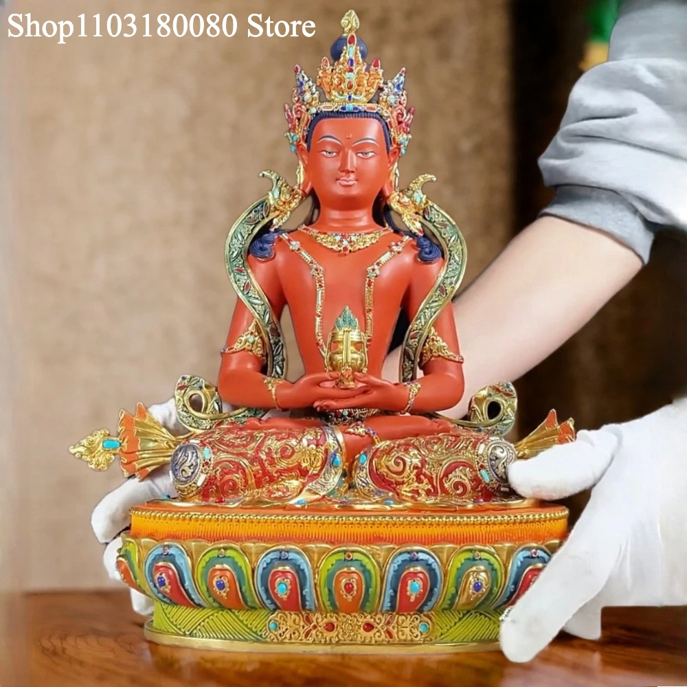 32cm Copper Hand-Painted Amitayus Buddha Statue Tibetan Longevity Buddha Sculpture Home Altar Decor