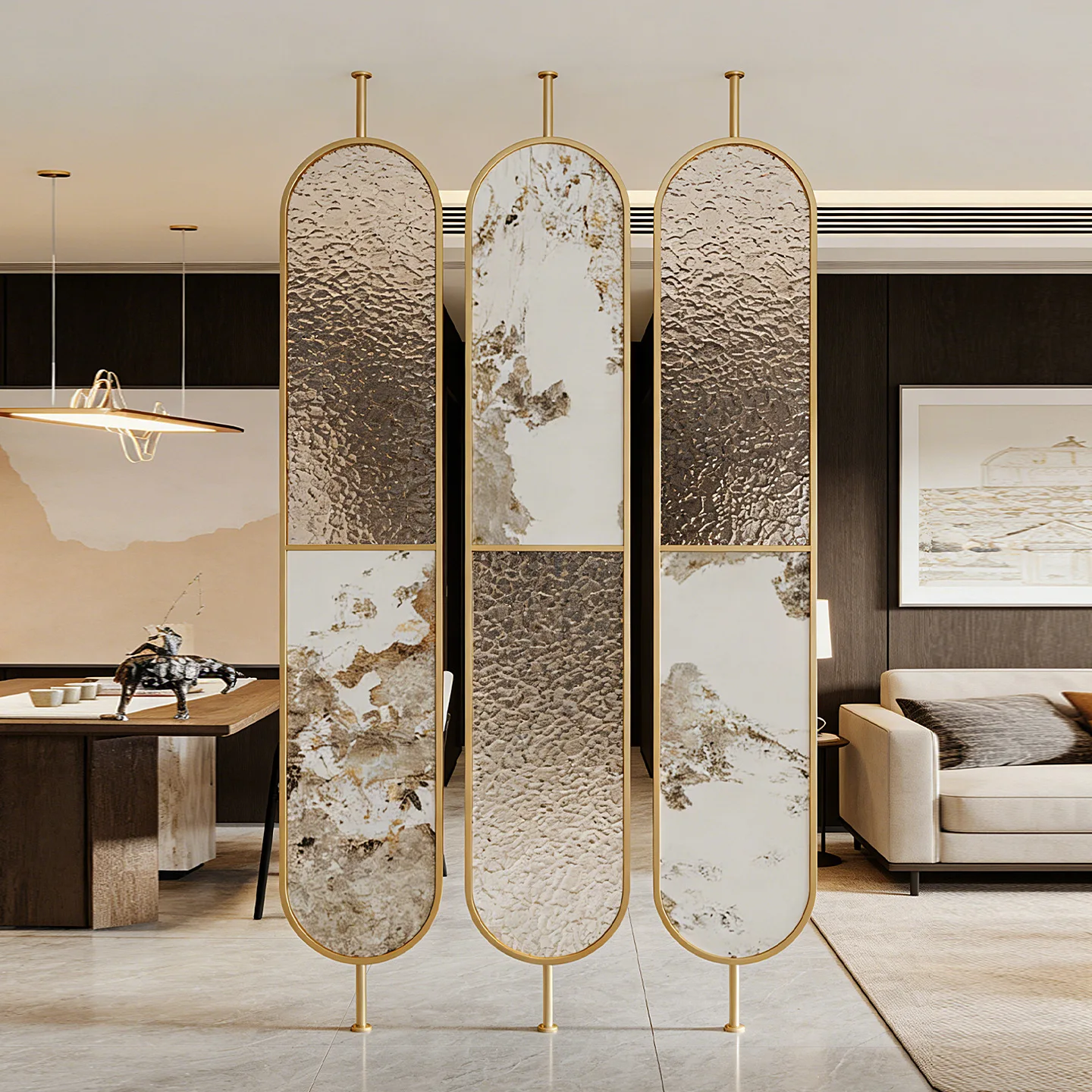 PYH Home stainless steel glass screen New Chinese style indoor partition wall Restaurant hollow block background wall