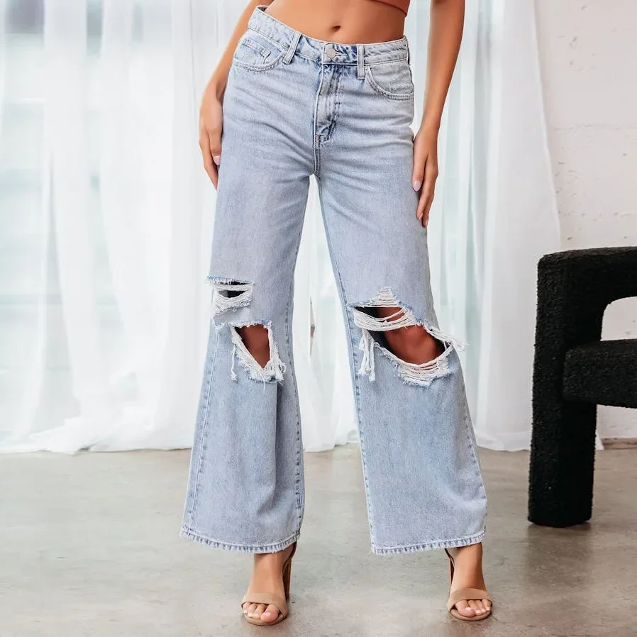 

Hole Jeans Women High Waist Distressed Wide Leg Pants Pockets Zipper Fly Vintage Denims Streetwear Denim Ankle Length Trousers