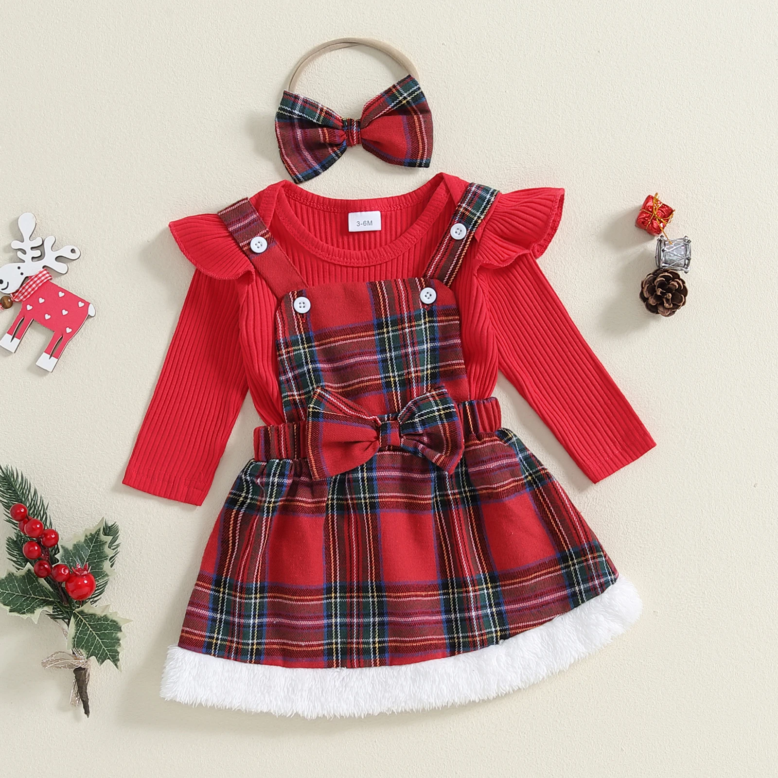 BeQeuewll Princess Plaid Baby Girls Outfits Christmas Infant Clothing Ruffle Long Sleeve Rib Romper Suspender Skirt Headband Set