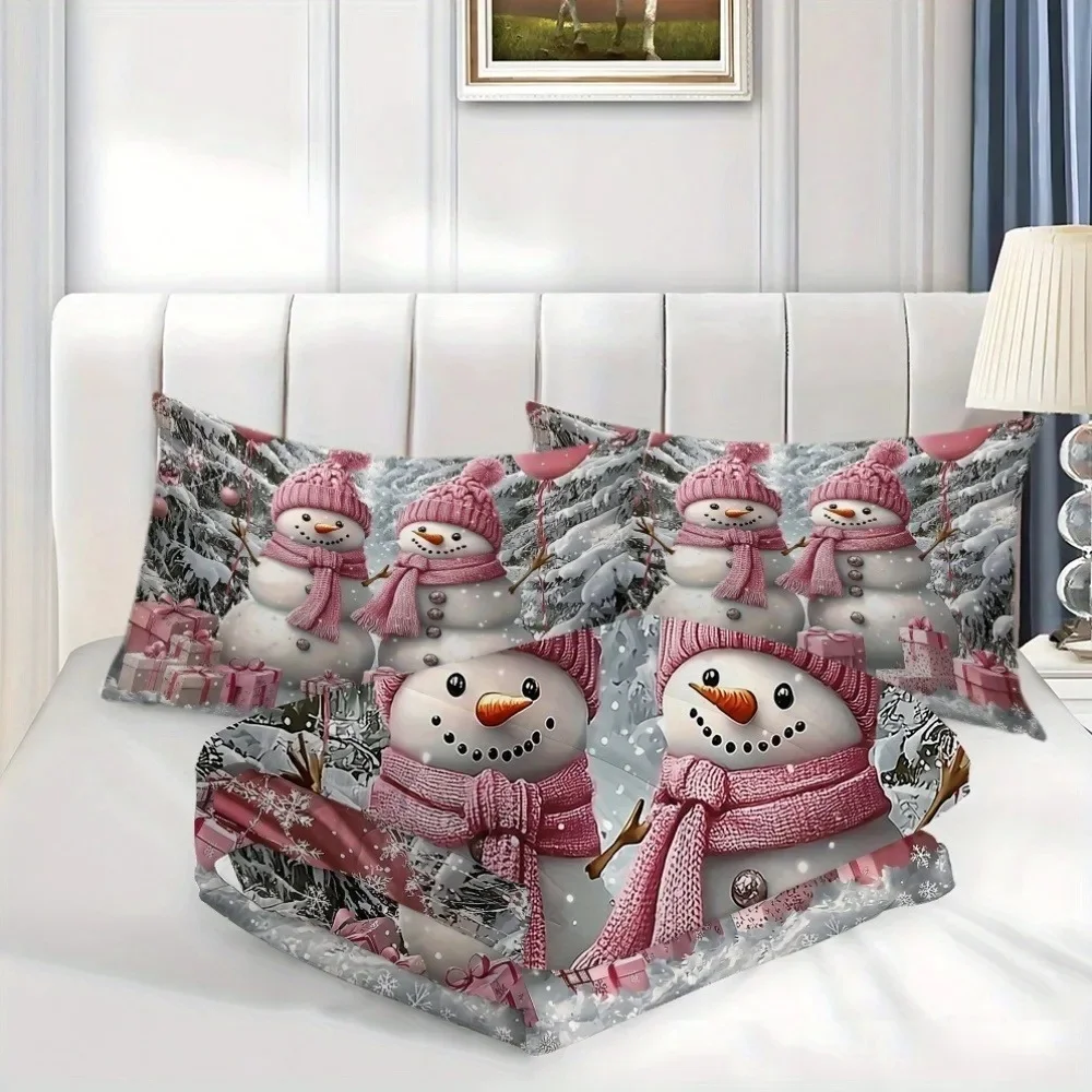 Christmas Snowman Duvet Cover Set with Pink Hats - 3pcs Polyester Bedding Set (1*Duvet Cover + 2*Pillowcases), Soft Comfortable