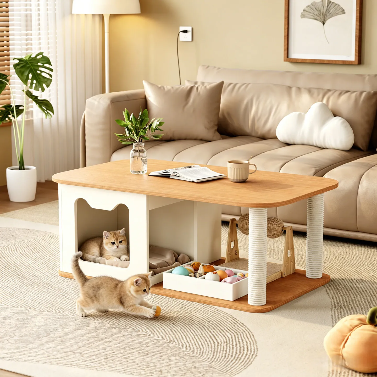 People and pets share, small coffee table, log wind cat nest is integrated, living room and home use