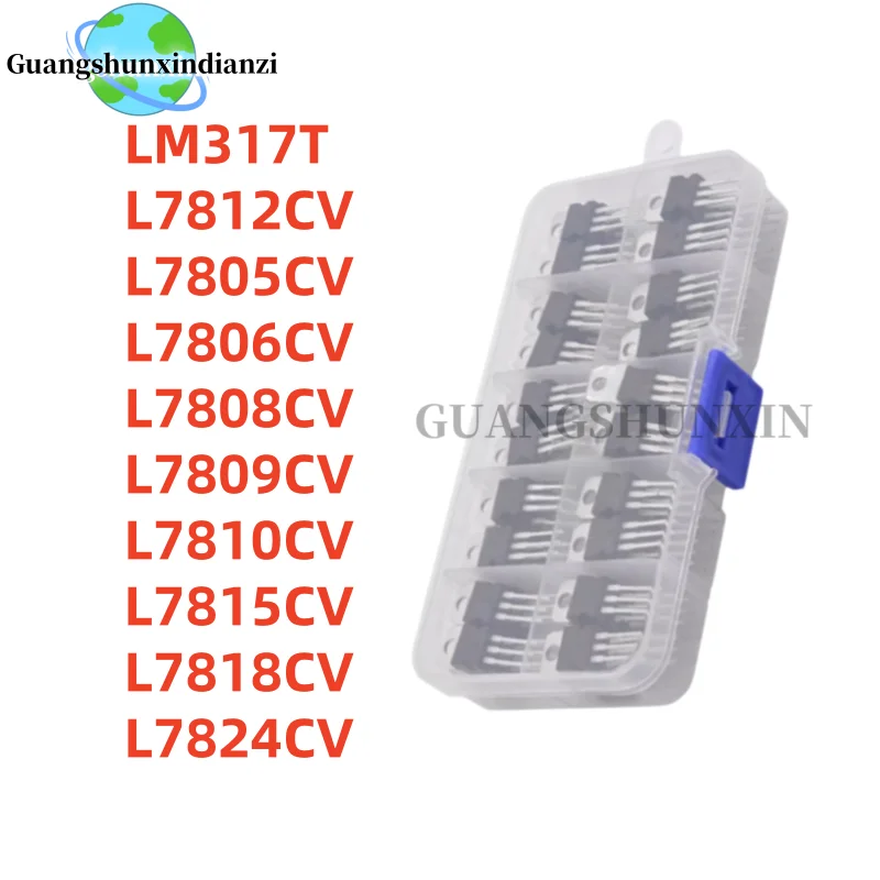 50pcs/ Voltage Regulator IC Kit TO-220 LM317T L7812CV L7805CV L7806CV L7808CV L7809CV L7810CV L7815CV L7818CV L7824CV