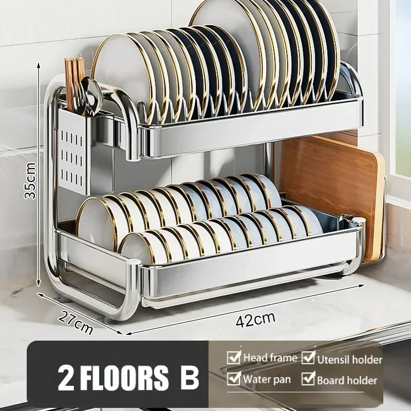 Dish Drying Rack Multifunctional Rustproof Big-capacity Bowl Storage Shelf Stainless Steel Multilayer Spacesaving Draining Shelf