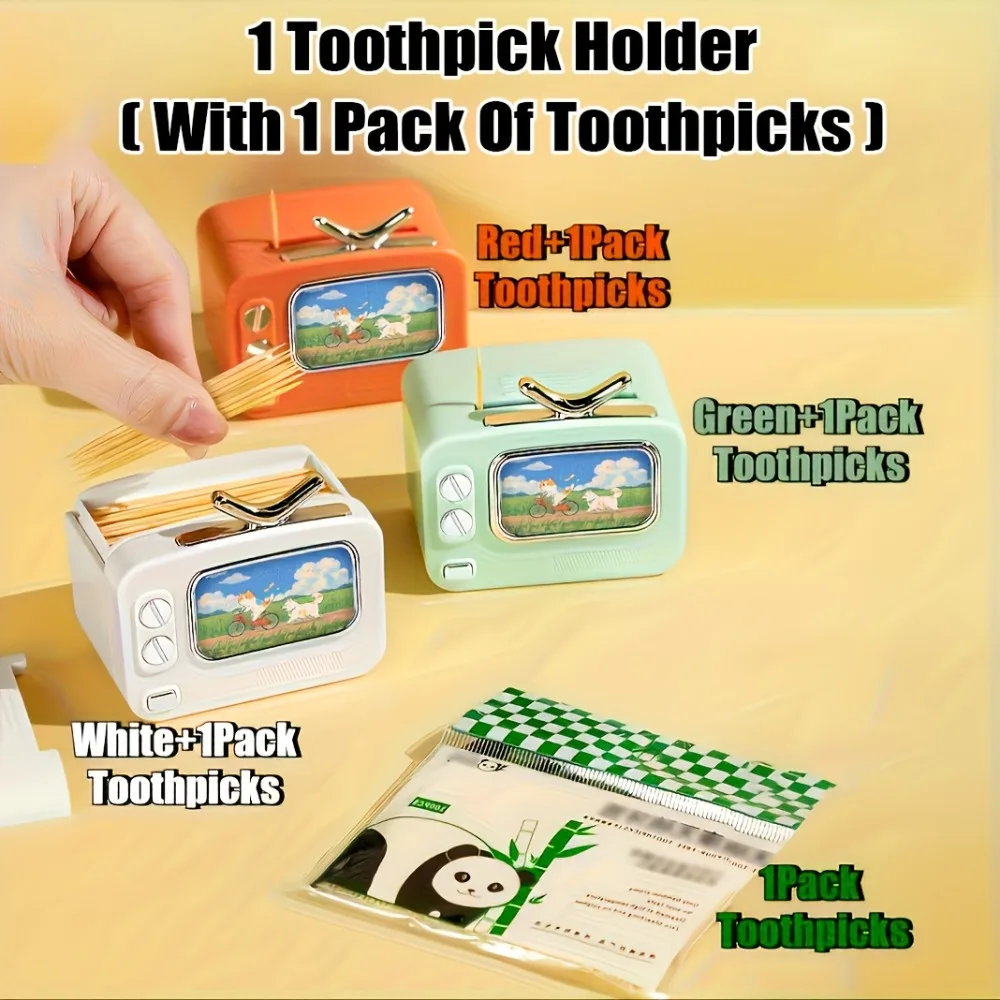 Retro TV Shaped Toothpick Dispenser Automatic Pop-Up Toothpick Holder for Cute Vintage Home Accessory Gift with 1 Pack Toothpick