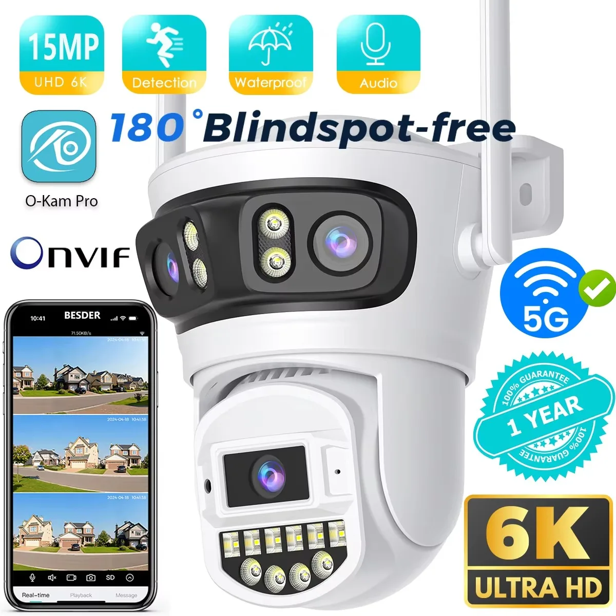 

Outdoor Auto Tracking Camera with Multi Screens,15MP, 6K, 5X Digital Zoom, PTZ Security Protection, CCTV Surveillance, O-Kam Pro