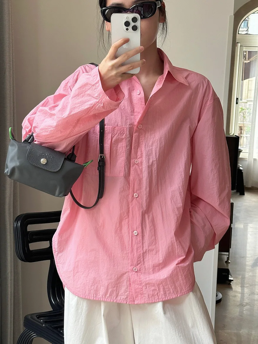 Spring and summer women's casual solid color lapel long sleeved pocket decoration loose shirt