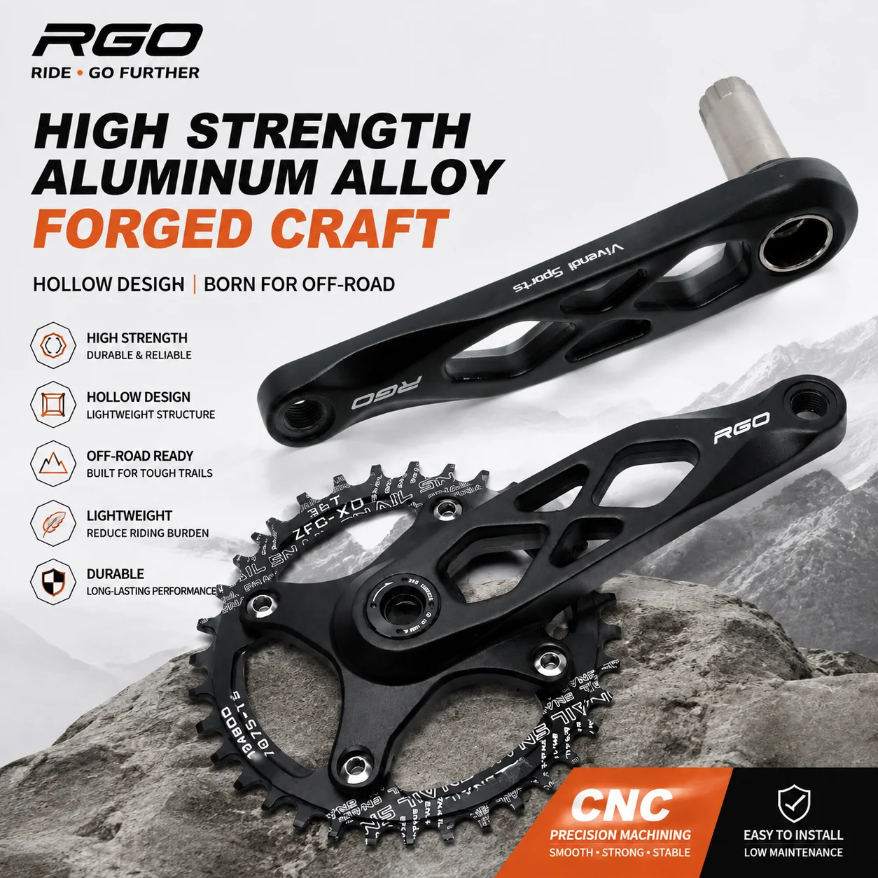 RGO Hollow Forged Aluminum MTB Crankset 170mm 104BCD 24mm Spindle Fit Positive Negative Chainring Mountain Dirt Jump Bike Crank