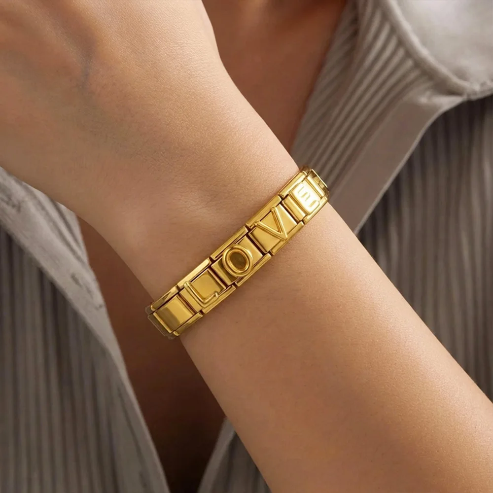 Golden 3D Letter Italian Module Charm Stainless Steel Alphabet A‑Z Links DIY Replaceable Charms for Modular Bracelet Accessories