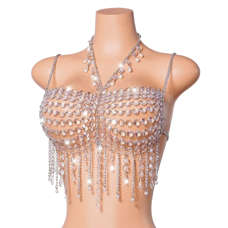 Damen Strass Perlen Quasten Körperkette Neckholder Crop Top Sexy Kristall Harness Cami Top Halloween Festival Club Party Y2K Outfit – Detail 6