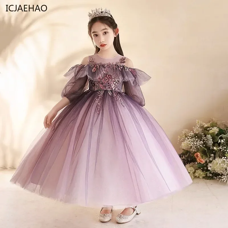 2025 Girl Evening Gown Elegant Party Dress for Junior Girls Children Sequined Purple Tulle Dresses Kids Grad Night Formal