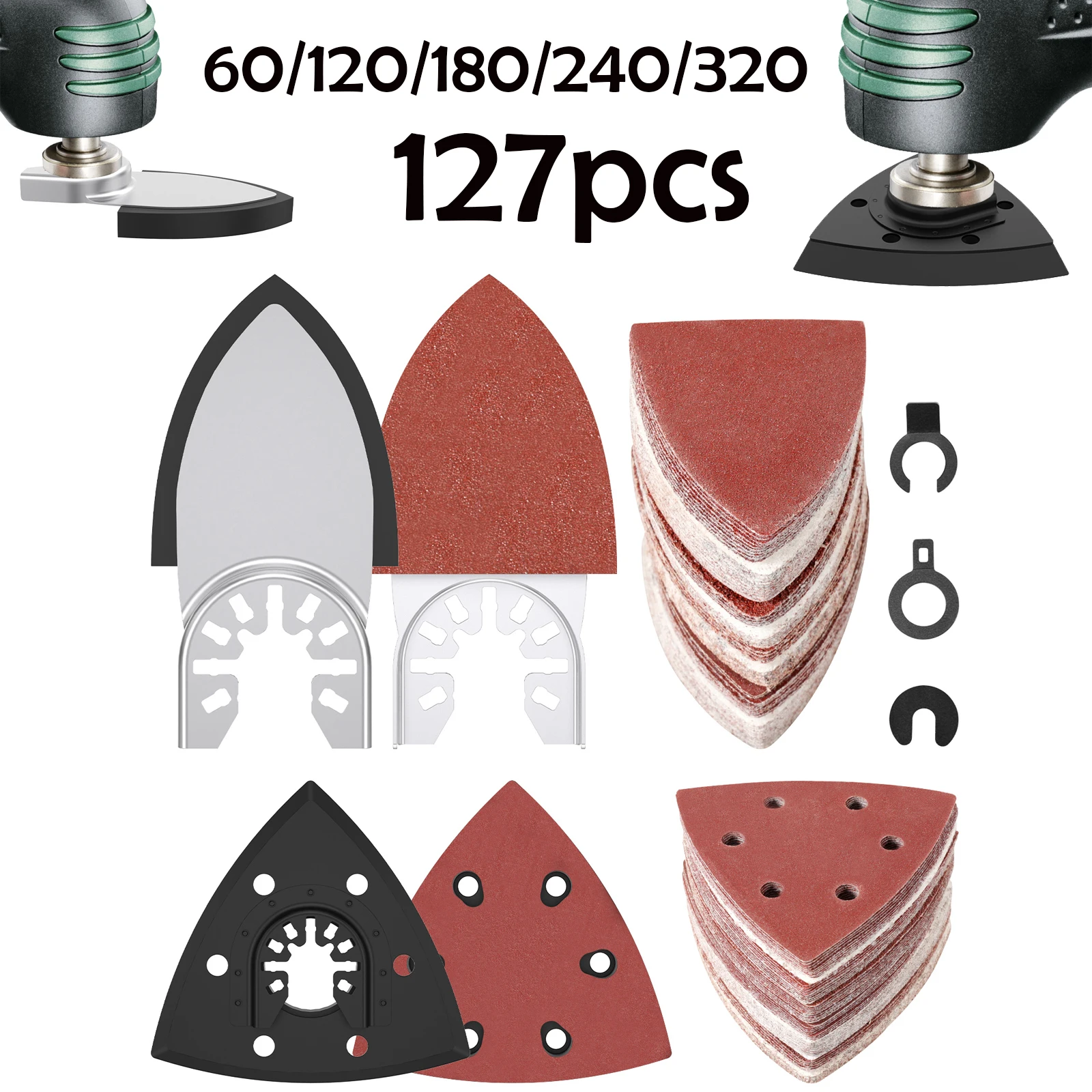 

127/65 шт., комплект осциллирующих шлифовальных подушечек, зернистость 60-320, наждачная бумага с треугольными шлифовальными подушечками и шлифовальными подушечками для дерева