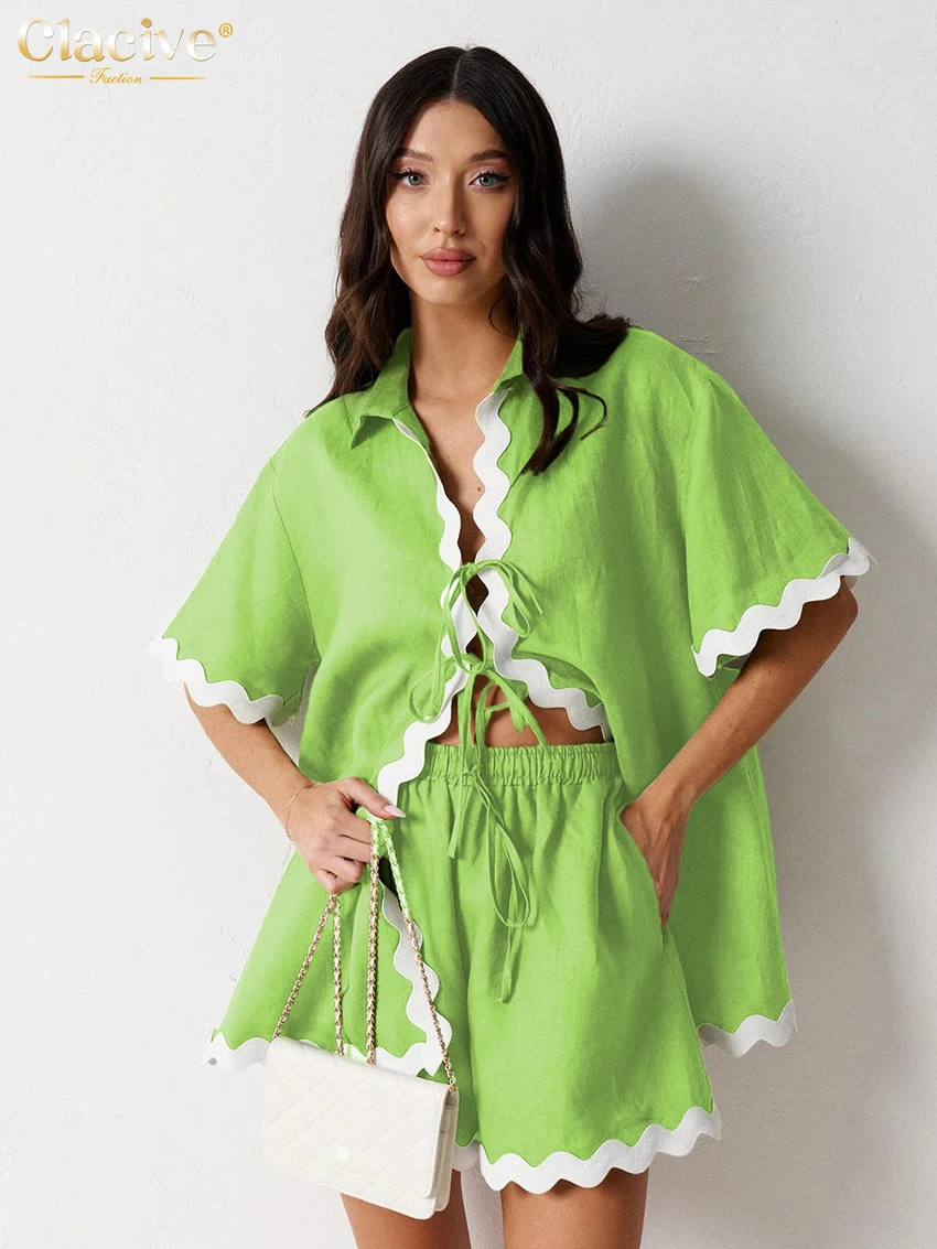 

Clacivee Casual Loose Green Cotton Ruffle 2 Piece Sets Women Outfit 2024 Summer Short Sleeve Shirt With High Waist Shorts Set