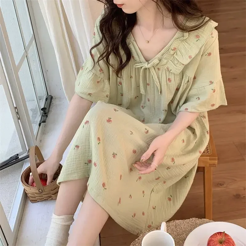 Sweet Night Dress Women Korean Style Pajamas Dress Summer Sleepwear Night Wears for Women Short Sleeve V Neck Homewear Nightgown