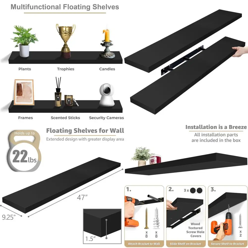 

48 Black Floating Wall Shelves - 2-Pack for Bathroom, Bedroom, Kitchen, Living Room & Book Storage with Hidden Brackets