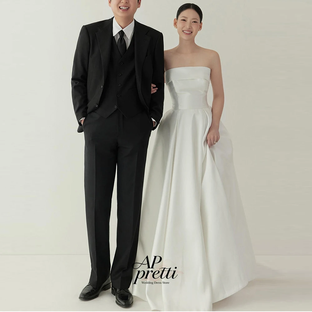 AP pretti Ivory Satin Korea Wedding Dress Photo Strapless Customized A Line Sleeveless Minimalist Bridal Simple Studio Weddings