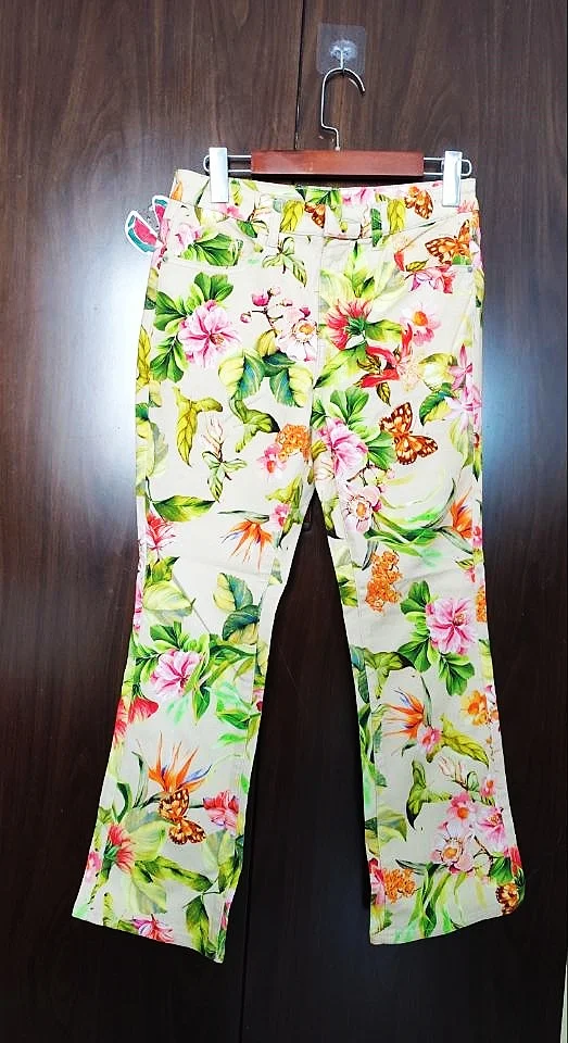 Spanish foreign trade new flower embroidery design fashion slim print jeans for women pants