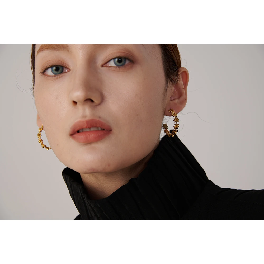 Yhpup Stainless Steel Round Flower Hoop Earrings Fashion Golden Metal Trendy Brand Texture Jewelry Party Gift Waterproof Women