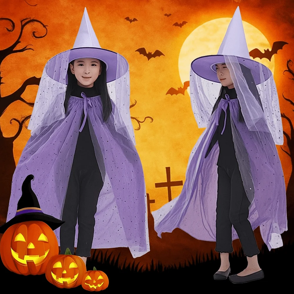 Creative Double Layer Halloween Cloak with Hat Robe Mesh Halloween Children Costume Cosplay Star Cape Hat Set Performance