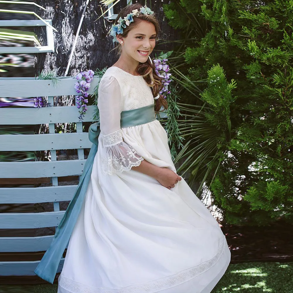 Vestidos de niña de flores blancas, apliques de patrón blanco satinado con lazo, manga larga para boda, fiesta de cumpleaños, vestidos de primera comunión