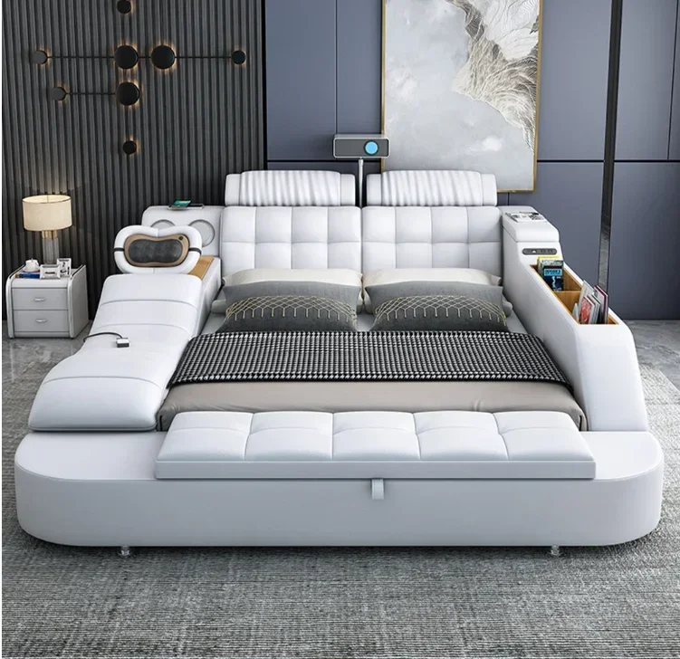 

2023 Newly designed luxury leather smart bed Multi-functional bed King size storage massage music custom bedroom furniture