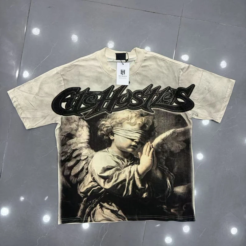 High Quality Real Pictures Summer Round Neck Life Hustlers Tops T-shirt Damaged Worn Angel Print LIFE Short Sleeved Clothes