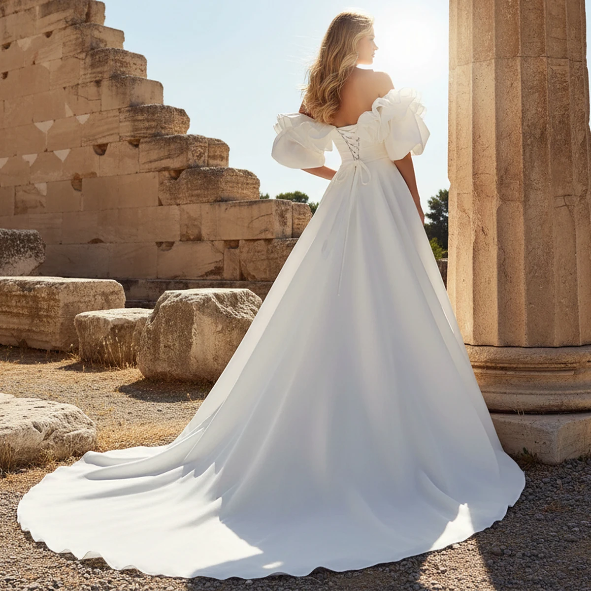Elegant Satin Puffy Wedding Dress For Women Long Off Shoulder Bridal Party Gown Pleated Ball Gown With Train Vestidos Novia