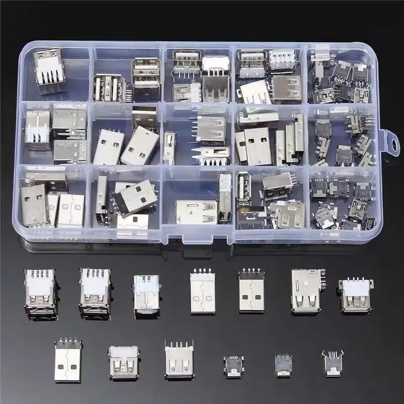 

82pcs USB Connector Kit, 14 Assorted Male/Female Ports (Through-Hole & SMD) for DIY & Repair Projects