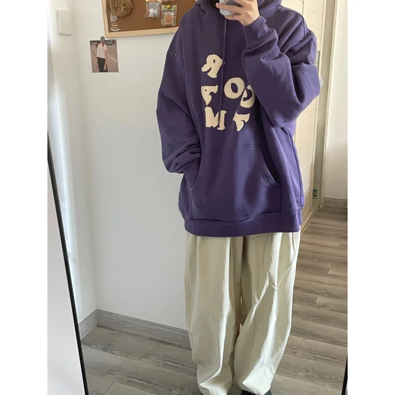 Purple Plush Long Sleeves Hooded Women Autumn Letter Embroidery Shirt Korean Fashion Baggy Simplicity Casual Female TOP Shirt