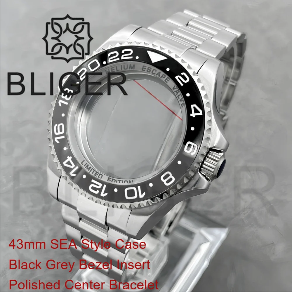 43mm SEA Diver Style Watch Case Sapphire Glass Waterproof Middle Polished Oyster Bracelet For NH35 NH36 2824 Movement  Mod Parts