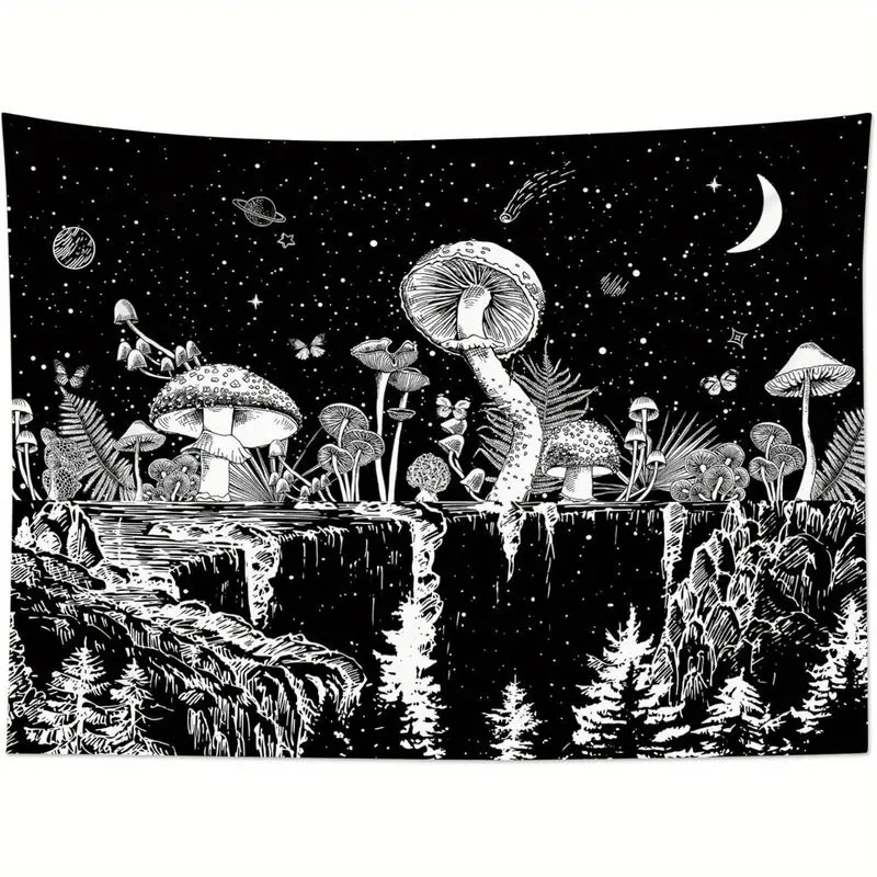 VIKAMA Black White Starry Sky Crescent Fantasy Mushroom Forest Tapestry, Psychedelic Wall Art for Bedroom Decor