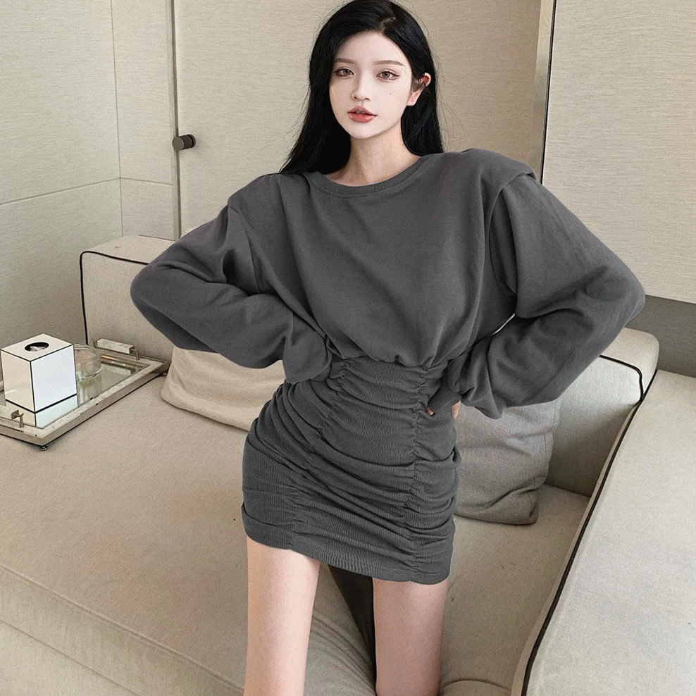 

Платье с длинными рукавами для женщин, осенний новый стиль, плиссированная талия, узкая юбка, закрывающая бедра