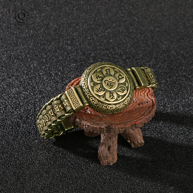 Brass Buddhist Scriptures Cuff Bangles Pure Copper Buddhism Mantra Lucky Bracelets Vintage rotating Women Men Hands Jewelry