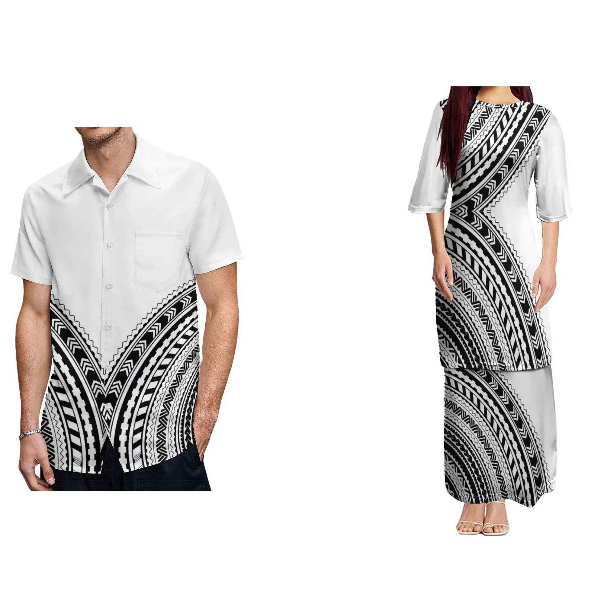 

Printed Polynesian Tribal Print crew neck Samoan Puletasi Custom Top And Skirts Womens Two Piece Outfits Set Dress