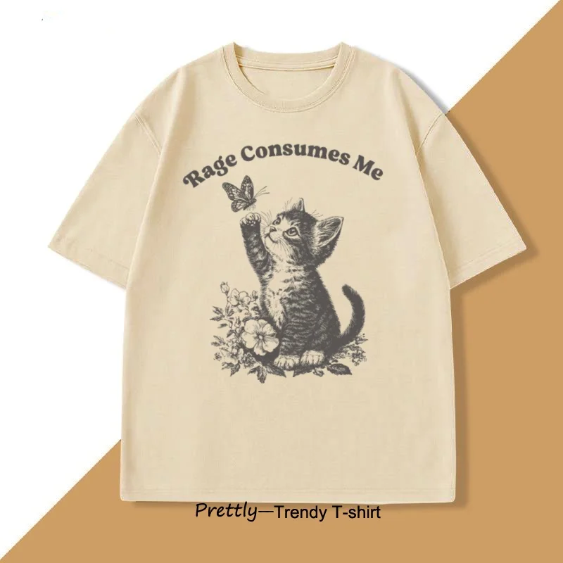 Rage Consumes Me T Shirt Men Women Cute Cat Meme T-Shirt Cottagecore Mental Health Tshirt Butterfly Mens Clothes Short Sleeve