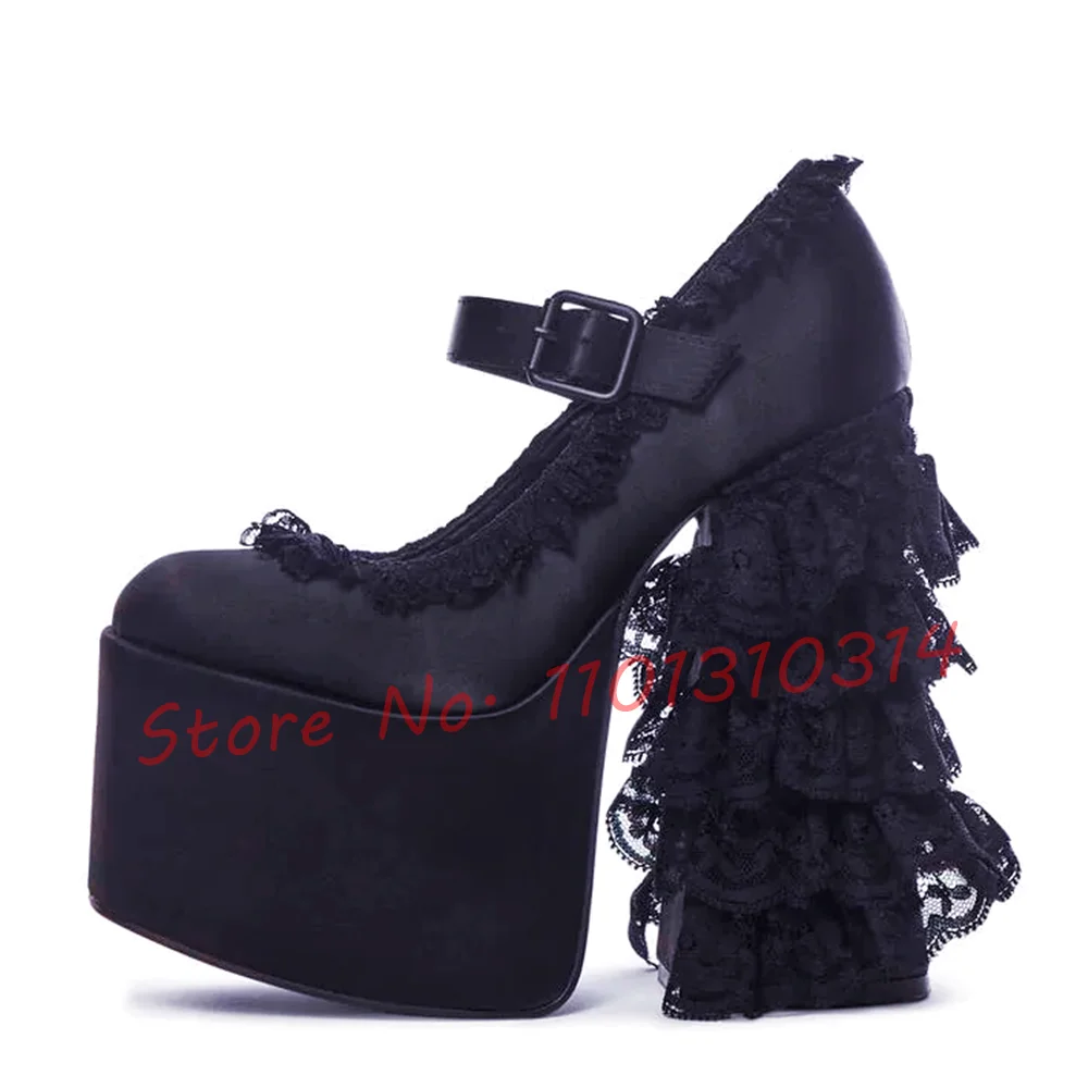 Lace Ruffled Heels Platform Sandals Women Dark Style Black Tall Block Heels Shoes Ladies Party Buckle Strap Flirting Sandals