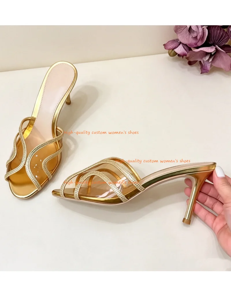 Yellow Transparent Material Women's Slippers Round Head Open Toes Stilettos Shallow Luxury Women's Shoes Fashion Evening Shoes