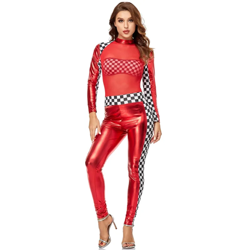 Sexy Race Girl Costume Race Car Driver Mesh Bodysuit Women Plaid Motor Racing Uniform Carnival Racing Jumpsuit Performance Suits