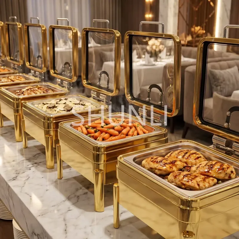 Luxury Golden Stainless Steel Food Warmer Pot Modern Royal Design Insulation Container for Hotel Restaurant Buffet Wedding