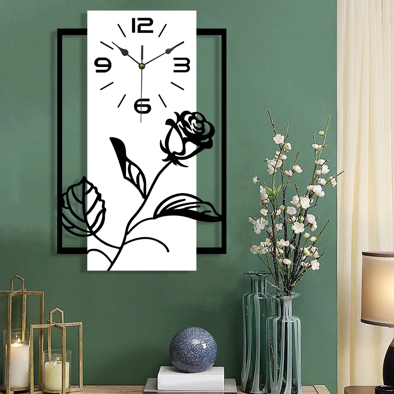 Rectangular three-dimensional rose pattern silent wall clock modern art style home and office decoration