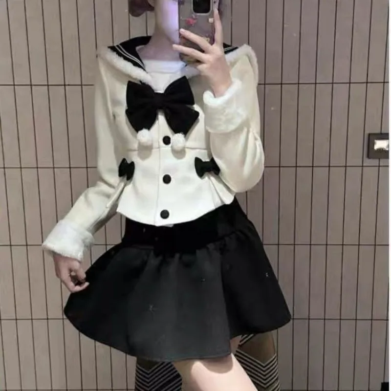 Outono inverno japonês kawaii doce 2 peça ternos feminino bowknot bonito magro colheita topos casacos de cintura alta cor pura mini saia conjuntos
