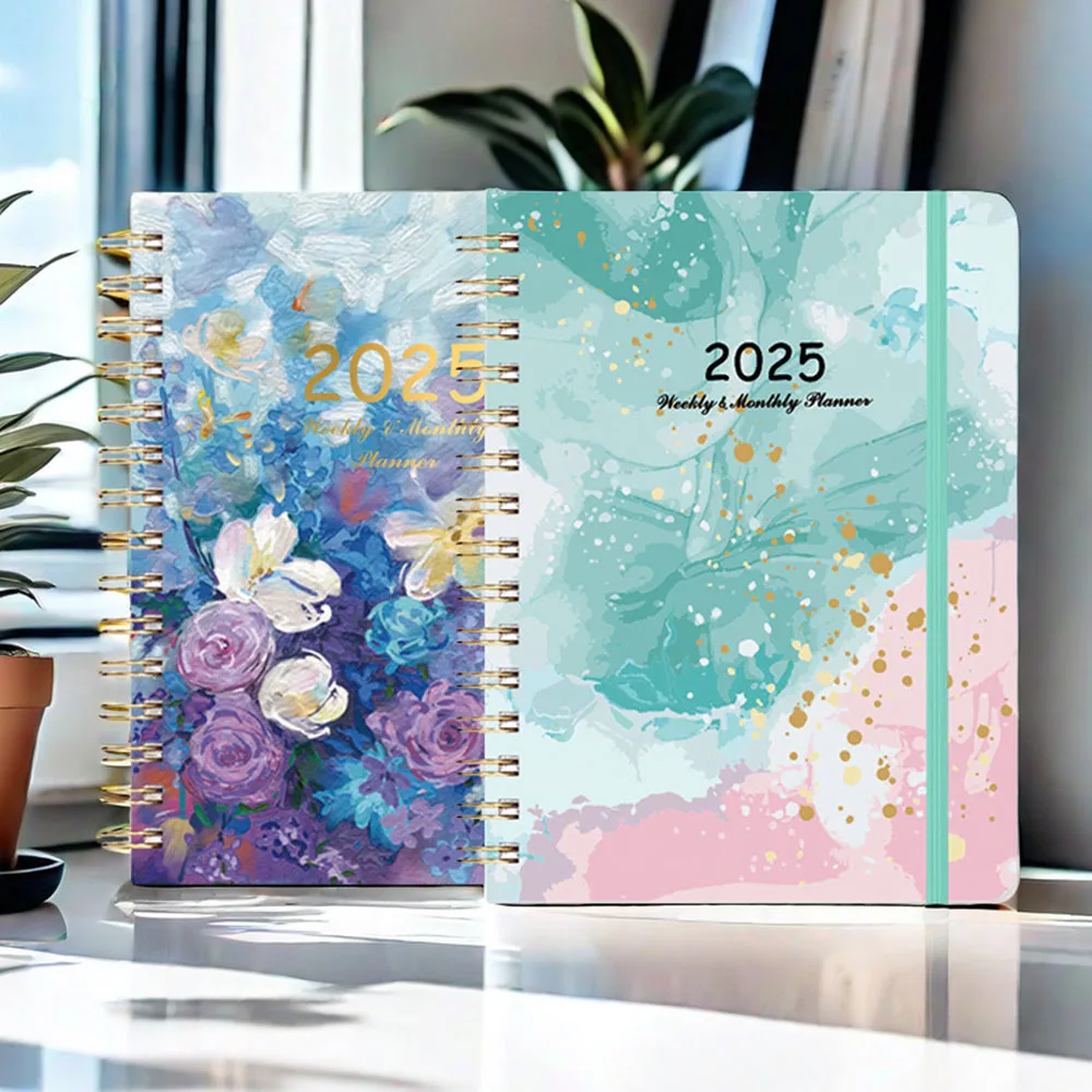 2025 Floral Leaves Pattern English Plan Book Cardboard Cover Calendar 52-week Schedule Student Class A5 Coil Notebook Planner